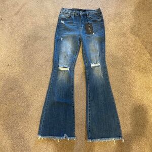 Risen Los Angeles High Rise Distressed Knee Flare Raw Hem Stretch Jeans RDP1295